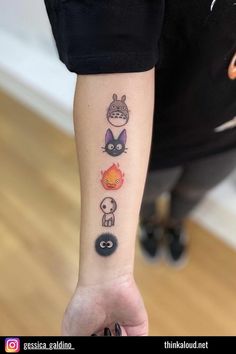 a person with a tattoo on their arm that has five different animals and cats in it