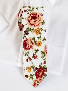 Classic White Tie With Floral Print, Mens Wedding Ties, Floral Pocket Square, Prom Birthday, Groomsmen Ties, Floral Bow Tie, Mens Ties, Ties For Men, Tie For Men