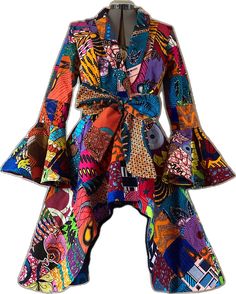 Fall Patchwork Dress With Asymmetrical Hem, Festive Long Sleeve Patchwork Outerwear, Multicolor Patchwork Outerwear With Kimono Sleeves, Traditional Long Patchwork Outerwear, Festive Multicolor Patchwork Kimono, Dress High Low, Patchwork Coat, Flare Sleeves, Patchwork Jacket