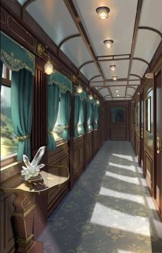 the interior of a train car with blue curtains