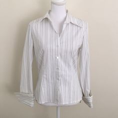 Nwt White And Blue Stripe Button Down Blouse White Collared Shirt With Blue Stripe And White Stitching Details Button Sleeves With Roll Up Cuffs Just Enough Stretch- Tapers In Right Above Waist, And Then Flares Out Slightly At Bottom 97% Cotton 3% Spandex Approx Measurements - 18” At Armpits, 18” At Bottom Hem, Sleeve- 16” From Under Arm To End Of Sleeve When Cuffs Rolled Up, 19” If Cuffs Rolled Down Fitted Button-up Blouse With Placket, Fitted Striped Button-up Shirt, Elegant Striped Tops With Button Cuffs, White Fitted Blouse With Back Button Closure, Striped Button-up Blouse For Office, White Button-up Shirt With Covered Buttons, Striped Button Blouse For Work, Elegant Striped Blouse For Business Casual, White Button-up Blouse With Back Button Closure