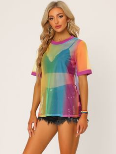 Shop Allegra K for rainbow mesh see through short sleeve cover up sheer t-shirt you are looking for, get more women's t-shirts for yourelf. Order now! Free Returns! Sheer Tops, Mesh Short, Rainbow Outfit, Exercise Gym, Mesh T Shirt, Sheer Shorts, Pride Outfit, Pink Rainbow, Y2k Outfits