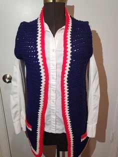 Retro Red White and Blue Patriotic Crochet Vest With Pockets  A very Nicely Done retro 70s Crochet Patriotic Vest. A heavy Vest to keep you warm this winter while looking fabulous and Patriotic. Great for Nostalgia, hippie, Patriotic, mod, retro 1970s made with care The Patriotic Crochet Vest measures Breast 40" Waist 40" Hips 44" Length 62"  This heavy Crochet Vest is very Nicely Done and i believe to be one size fits all. The pockets come in handy too!  Moms, retro, vintage fashion, 70s, hippi Patriotic Crochet, Vintage Fashion 70s, 70s Crochet, Hippie Living, Fashion Vest, Vest With Pockets, Fashion 70s, Hippie Chick, Hippie Style Clothing