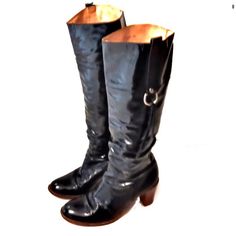 Coach Ladies Morgann Black Patent Slouchy 3" Heeled Knee High Boots. Good Pre-Owned Condition. Made In Italy. Stacked Heel Height 3" Coach Formal Boots For Fall, Coach Fall Formal Boots, Vintage Black Heeled Boots For Formal Occasions, Elegant Coach Boots For Fall, Elegant Coach Boots For Formal Occasions, Elegant Formal Coach Boots, Coach Leather Boots For Formal Occasions, Coach Elegant Formal Boots, Coach High Heel Leather Boots