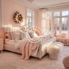 a bedroom decorated in pink and white with lots of fur on the bed, window sill