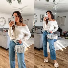 Xs sweater. 25 jeans. Heels tts. Off the shoulder sweat sweater. Click on my link below to shop. Affiliate Link: https://liketk.it/4Z30v #LTKSaleAlert#LTKFindsUnder100#LTKHoliday Glam House, Jeans Heels, Casual Glam, Shoulder Sweater, Holiday Fashion, Holiday Outfits