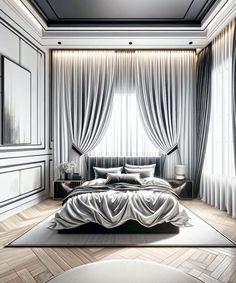 a large bed sitting in the middle of a bedroom next to a window with drapes