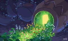 an image of a green door in the middle of some plants and flowers at night