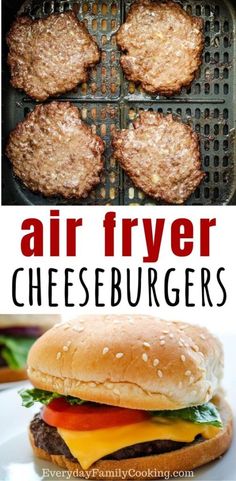 an air fryer with hamburgers on it and the words air fryer cheeseburgers