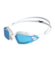 a pair of swimming goggles with blue lenses on the side and white straps