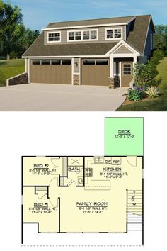 two story house plan with garage and living room on the first floor, an upstairs bedroom is