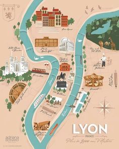 an illustrated map of the city of lyon, new zealand with rivers and buildings