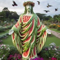 a statue made out of watermelon in the shape of jesus surrounded by flowers