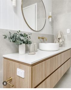 a bathroom with a sink, mirror and plants on the counter