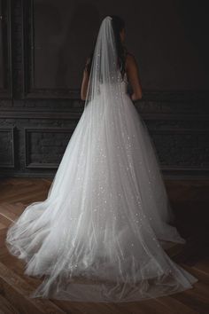 the back of a bride's wedding dress with sparkling sequins on it