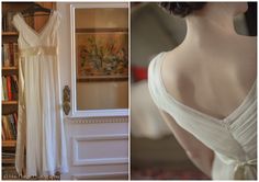 the back of a woman's wedding dress in front of bookshelves and a mirror