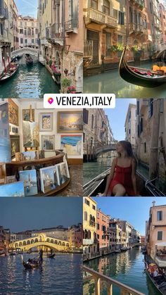 the collage shows several different scenes in venice italy, including gondolas and boats