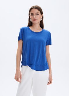 50% Pima Cotton 50% Modal - Slub Jersey Smooth buttery feel Mock layer details at hem Wash cold Made in Peru Model is 5’9” wearing a size S Blue Shirts Women, Blue Shirt Women, Blue Shirts, Layered T Shirt, Shirts Women, Blue Shirt, Pima Cotton, Electric Blue, Peru