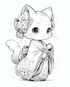 a black and white drawing of a cat in a kimono with flowers on it