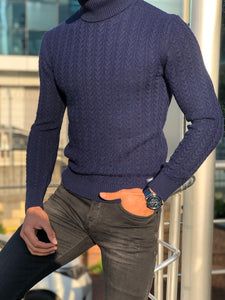 Blue Fitted Wool Sweater, Fitted Blue Wool Sweater, Gray Turtleneck Outfit, Dark Grey Turtleneck, Turtleneck Outfits, Bald Men, Grey Turtleneck, Fitted Turtleneck, Dark Grey