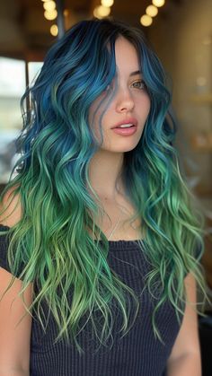 25 Green Ombre Hair Ideas That Will Turn Heads in 2024 Green Eyes Blue Hair, Blue To Green Ombre Hair, Blue To Green Hair, Turquoise And Green Hair, Blue And Green Hair Ideas, Blue Hair Ombre Brown, Gray And Green Hair, Green To Blue Hair, Colorful Hair Ombre