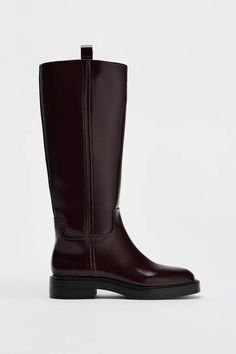 FLAT BOOTS - Maroon | ZARA United States Maroon Knee High Boots, Flat Brown Boots, Brown Flat Boots, Maroon Boots, Kids Studio, Zara Boots, Cargo Shirts, Trench Jacket, Cardigan Sweater Dress