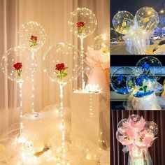 four different images with flowers in vases and balloons on the floor, one is filled with roses