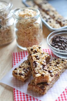 two pictures of granola bars on a red and white checkered napkin