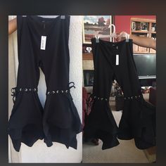 Black Trumpet Bell Pants Edgy Flare Bottoms For Party, Black Flare Pants For Party, Black Flare Bottoms For Night Out, Black Flare Wide Leg Pants For Night Out, Black Ankle-length Party Pants, Chic Black Flare Pants, Edgy Black Flare Pants, Black Flare Wide Leg Pants For Summer, Black Flare Wide Leg Pants For Spring