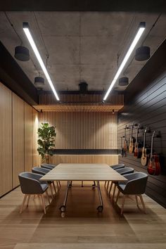 an empty conference room with guitars on the wall