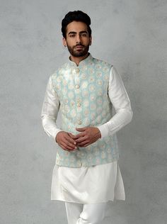 white cotton silk kurta pajama with embroidery westcoat set NOTE: All our items are handmade and specially customized for our beautiful customers. Please expect minor variations in the actual product as compared to the image displayed. We make it exclusively using similar fabrics. Product color may slightly vary due to photographic lighting sources or your monitor settings. Order will not be canceled once placed. Please check our terms & conditions before placing an order. For Express Shipping Please contact me, We will try our best to deliver the product as soon as possible. Dry cleaning only Traditional Nehru Jacket With Cutdana In Cotton Silk, Traditional Nehru Jacket In Cotton Silk With Cutdana, Traditional Cotton Silk Nehru Jacket With Cutdana, Embroidered Cotton Silk Nehru Jacket For Eid, Embroidered White Cotton Silk Bandhgala, White Embroidered Cotton Silk Bandhgala, Cotton Nehru Jacket For Navratri Designer Wear, Cotton Silk Bandhgala With Pallu For Transitional Season, White Chanderi Bandhgala With Cutdana