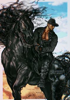 a painting of a man riding on the back of a black horse with long hair blowing in the wind