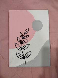 a piece of art with a plant drawn on it's side and a pink circle in the background