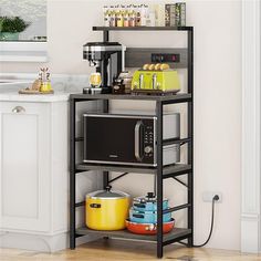 a microwave and toaster on a shelf in a kitchen