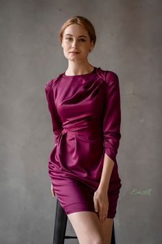 "This luxury exclusive design midi dress is perfect for any events outfit or casual work outfit. 100 % designed and handmade by Emsilk. I am pleased to offer your garments made to measure at no extra cost. All of my designs can be made in any colors that you see in my shop. Link to all colors in pure silk: https://www.etsy.com/shop/emsilkdesign?ref=seller-platform-mcnav&section_id=28483599 * Detail: - Boat neckline - Draped pencil style dress - Pleated detail on waist, shoulder - Fully lined Elegant Midi Dress With Folds, Elegant Long Sleeve Midi Dress With Folds, Elegant Fitted Dress With Folds, Elegant Fitted Midi Dress With Folds, Knee-length Ruched Mini Dress For Work, Ruched Knee-length Mini Dress For Work, Elegant Mini Dress With Folds For Evening, Elegant Evening Mini Dress With Folds, Elegant Draped Midi Dress With Folds