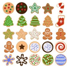 an assortment of decorated christmas cookies on a white background