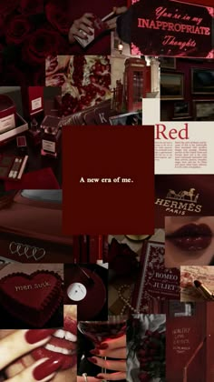 a collage of red images with text and pictures