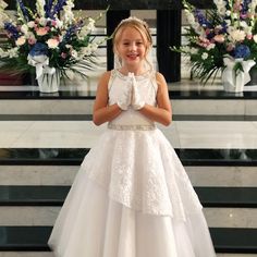 White Sleeveless Long Dress With Lace And Sequin Asymmetrical Overlay Bodice With Beaded Neck, Armholes And Waist. Tulle Skirt. Dresses Couture, First Communion Dress, Design Dresses, Sleeveless Long Dress, White Sleeveless, Dress With Lace, First Communion, Couture Dresses, Kids' Dresses