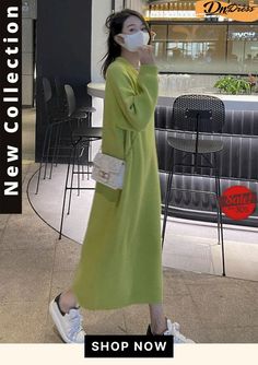 Urban Loose Long Sleeves Solid Color V-neck Sweater Dresses Winter Typ, Maxi Dress Prom, Sweater Dresses, Stage Costume, Urban Dresses, Long Sweater, Round Neck Sweaters, Mini Dresses Summer, Evening Party Dress