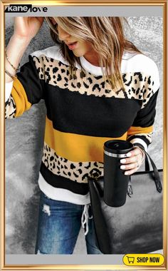 Crewneck Leopard Color Block Knit Pullover Sweater Trendy Fall Crew Neck Knit Top, Trendy Crew Neck Knit Top For Fall, Yellow Casual Knit Top For Fall, Casual Yellow Knit Top For Fall, Yellow Long Sleeve Sweatshirt For Fall, Trendy Knit Top With Crew Neck, Multicolor Crew Neck Knit Top For Fall, Knitted Crew Neck Sweatshirt For Fall, Fall Multicolor Crew Neck Knit Top