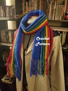 DIGITAL DOWNLOAD PATTERN Everything you need to know to make my 13th Doctor Scarf yourself! Finished product is about 5.5 feet long. Doctor Who Scarf, Doctor Who Clara, Crocheted Scarves, Crochet Cowls, 13th Doctor, Rainbow Scarf, Scarf Crochet Pattern, Flea Markets, Time Machine