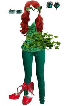 a woman with red hair wearing green pants and high heels, holding a plant in her hand