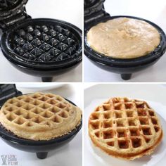 four different views of waffles being cooked on the griddle pancake maker