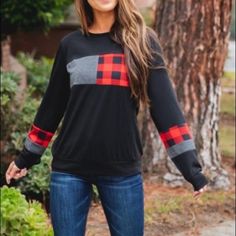 Gray Plaid Color Block Top Shelf#5020 Color Block Top, Black Long Sleeve Top, Cozy Fits, Gray Plaid, Classic Pattern, Cute Woman, Affordable Fashion, Black Long Sleeve, Long Tops