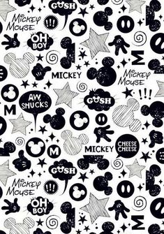 black and white mickey mouse pattern with words