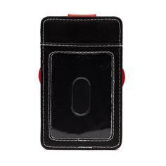 a black and red cell phone case with a white stitching on the front side