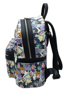 Loungefly x Disney Villains Mini Backpack Handbag All-Over Print Maleficent. Backpack features an all-over print of the Disney Villains (Maleficent, Evil Queen, Ursula, Stepmother (Lady Tremaine) & Cruella de Vil) printed on front and back. Placement of all over print pattern will vary. Main compartment opens with a double zipper. Includes interior small zipper pocket. Front zipper pouch pocket and two side slot pockets. Interior lining is light blue with white Skull & Crossbones and text "Villa Black Backpack For Theme Parks, Black Disney Style Bag For Theme Park, Black Disney-style Bag For Theme Park, Black Disney Bag For Theme Park, Disney Travel Backpack With Zipper Closure, Disney Style Backpack For School, Black Backpack For Theme Park, Disney Character Print Standard Backpack, Multicolor Disney Standard Backpack