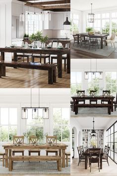 four different views of a kitchen and dining room with wood floors, white walls, and windows