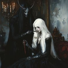 a woman with long white hair sitting next to a demon