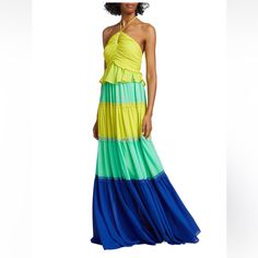 Gorgeous Designer Maxi Dress Perfect For Summer Or Vacation Or Just To Feel Good One33 Social Maxi Dress Is Made Of Colorblocked Fabric With A Tie-Halter Neck And Tiered Skirt. Halter Neck Sleeveless Tie-Neck Side Zipper Closure 100% Polyester Dry Clean Imported Yellow Multicolor Size 2 Green Color Block Dress For Vacation, Green Color Block Vacation Dress, Chic Yellow Color Block Dress, Blue Sleeveless Color Block Maxi Dress, Yellow Color Block Dress For Spring, Blue Color Block Maxi Dress For Vacation, Vacation Blue Color Block Maxi Dress, Gold Maxi Dress, Long Slip Dress